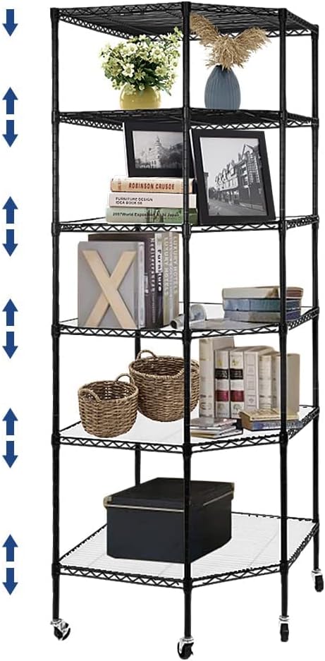 6 Tier Corner Wire Shelving Unit, Adjustable Wire Shelf with Wheels, Metal Storage Shelves and Racks for Kitchen, Bathroom, Laundry, Pantry, Closet (27" D x 27" W x 71" H, Black)