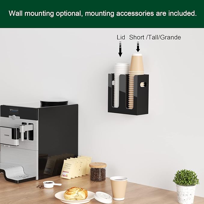Disposable Coffee Cup Dispenser with Handles, Countertop or Wall Mount Hot/Cold Drink Cup and Lid Holder - Bathroom/Kitchen/Office Acrylic Cup Lid Storage Organizer (2 Compartments, Black)-NeatNest