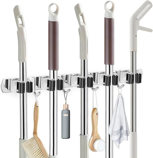 IMILLET Broom Holder Wall Mounted, Stainless Steel Broom Mop Holder Self Adhesive Heavy Duty Hooks Storage Organizer for Home Laundry Room Garden Garage Closet Kitchen 1 Pack（5 Racks with 4 Hooks）-NeatNest