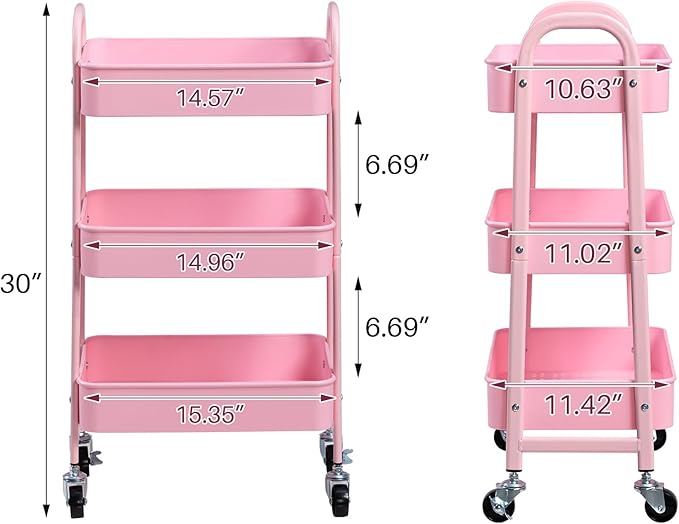 AGTEK 3-Tier Rolling Carts with Wheels, Rolling Utility Cart with Iron Frame for Kitchen, Plastic Shelves, Living Room, Office, Pink