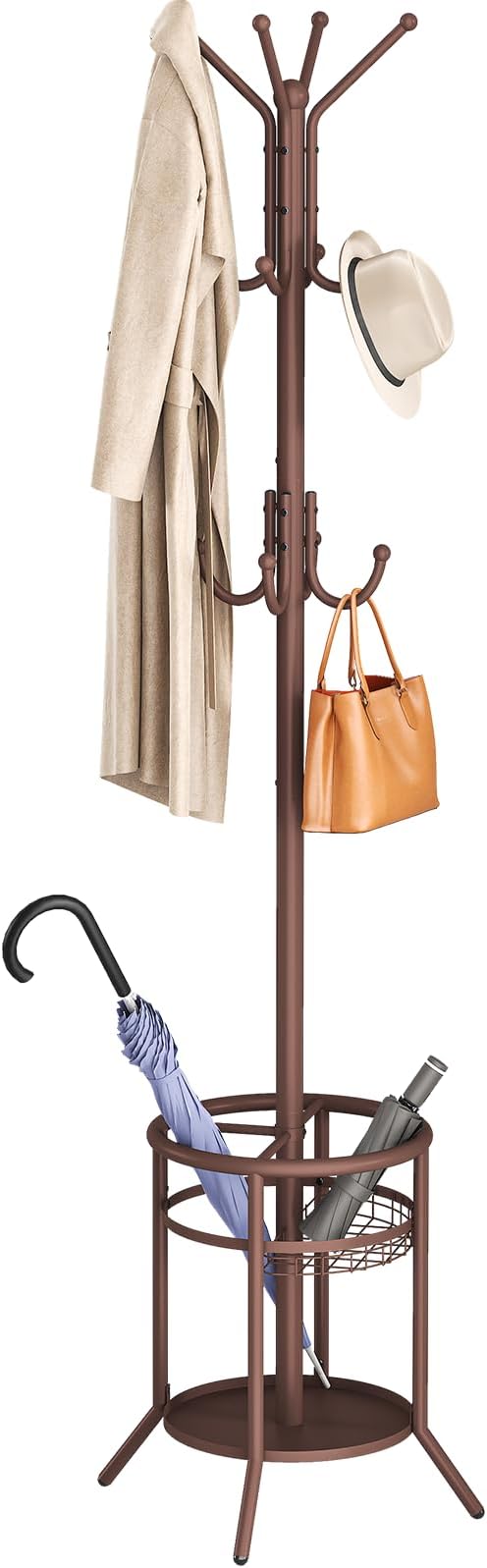 ELYKEN Coat Rack Freestanding, Metal Coat Rack Stand with Umbrella Holder, Modern Coat Tree with 12 Hooks, Floor Standing Corner Hall Tree for Entryway Living Room Bedroom Office, Brown-NeatNest