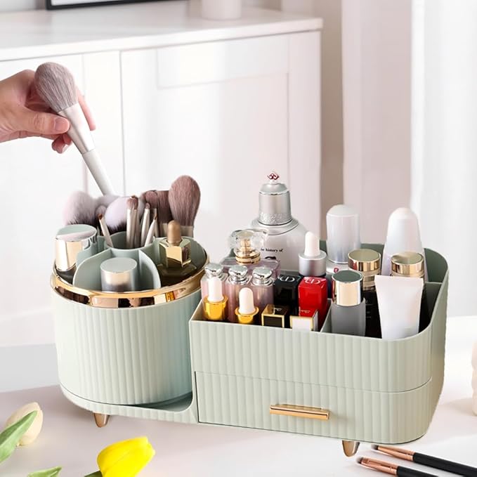 Makeup Organizer Countertop with Drawer 360 Rotating Brush Holder Storage Large Capacity Skincare Cosmetic Display Cases for Vanity Bathroom Desktop, Model 3016 Green-NeatNest