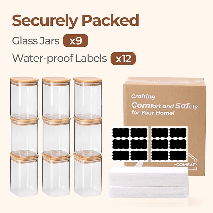 ComSaf 1.2 Qt Glass Storage Containers with Lids, Glass Jars with Lids, Clear Food Storage Jar, Square Canister Set of 9, Pantry Organizers and Storage for Cookie Flour Oat Pasta Tea Coffee Bean-NeatNest
