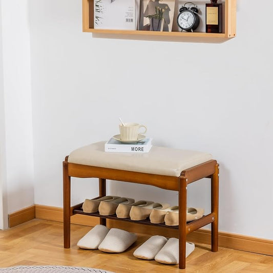 Shoe Bench, Entryway Bench, Wood 2-Tier Shoe Rack with Cushion Padded Seat Shoe Organizer (23.62",Beige)