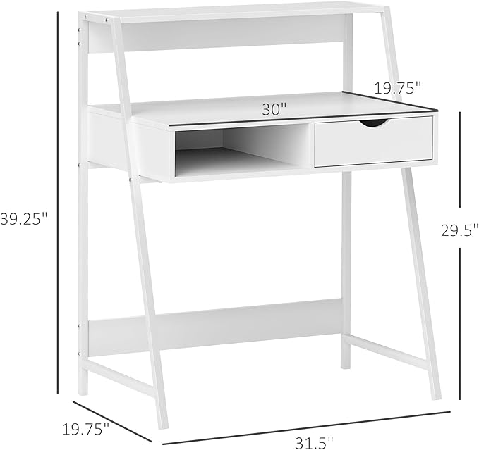 HOMCOM Home Office Desk, Computer Desk with A Frame for Small Spaces, Writing Table with Drawer and Storage Shelves, White-NeatNest