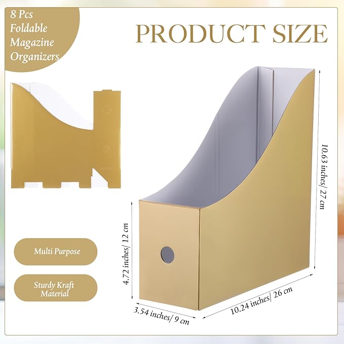 Pasimy 8 Pack Magazine File Holders Cardboard Foldable Magazine Storage Organizer Vintage Gold Kraft File Document Book Storage Boxes for Family School Office Desk Supplies Table Mail Organizer Holder