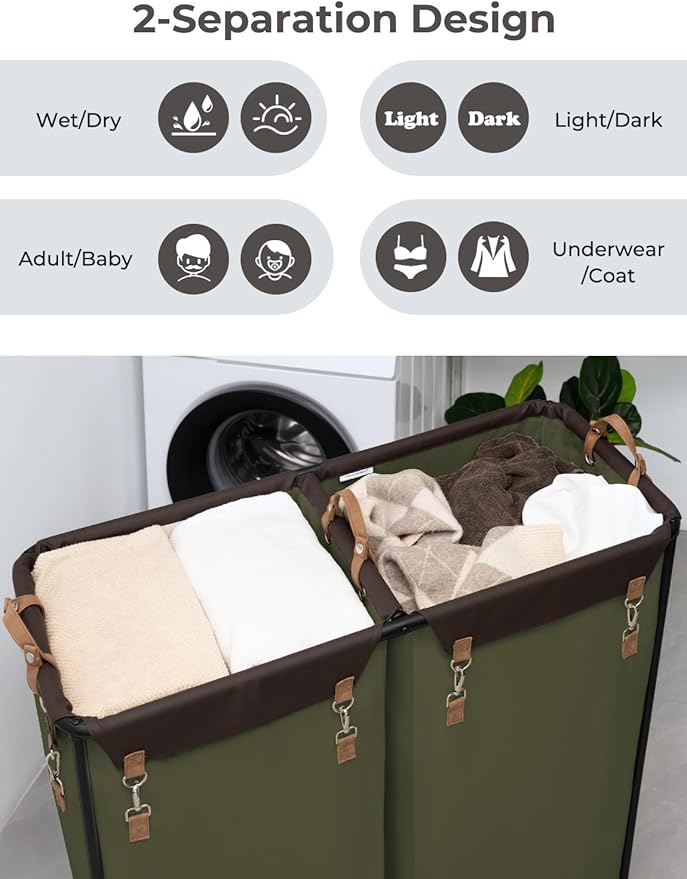 StorageWorks 390L Extra Large Lanudry Hamper with Wheels, 2 Sections Laundry Basket with Wheels, Clothes Sorter Cart with Divider for Hotel, Home, Green, 37.75"L x 17"W x 37.5"H