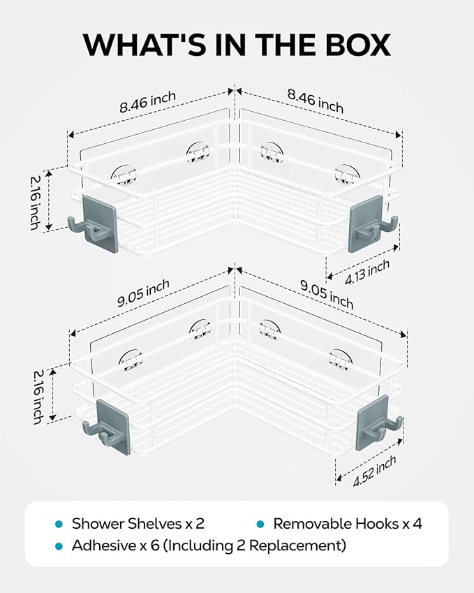 Nieifi Adhesive Corner Shower Caddy Shelf Basket Rack with Hooks, Rust Proof Stainless Steel Bathroom Shelf Shampoo Holder No Drilling (White)