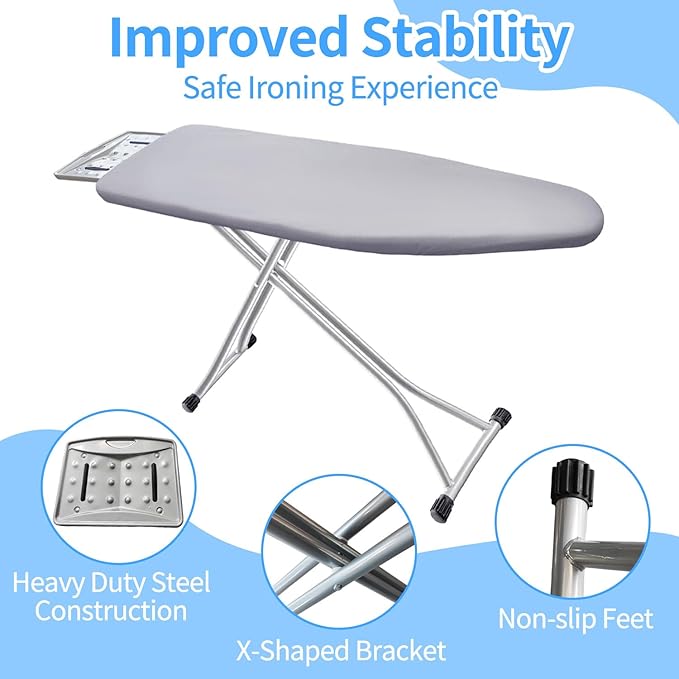 Foldable Ironing Board, 43"x15" Heavy Duty Wide Iron Board with Iron Rest, Heat Resistant Cover with Thick Padding, Sturdy Steel Frame, Height Adjustable, Silver Grey