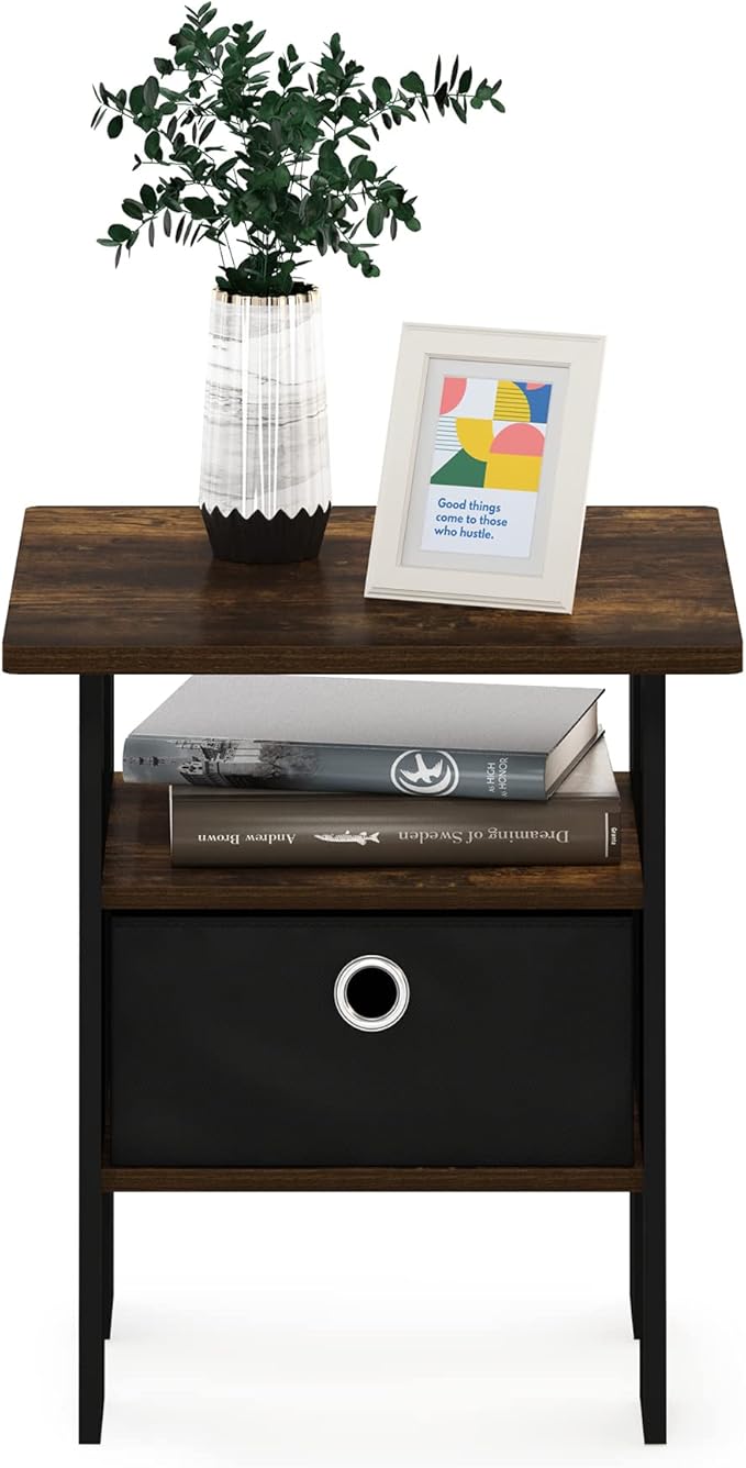 Furinno Andrey End Side Night Stand/Bedside Table with Bin Drawer, Amber Pine/Black