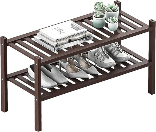 Shoe Rack 2-Tier Organizer-Stackable Storage Shelf with Multi-Function Combinations-Free Standing Bamboo Shoe Racks for Closet,Entryway,Hallway,Bathroom,Living Room Shoe Organization (Brown,2-Tier)-NeatNest