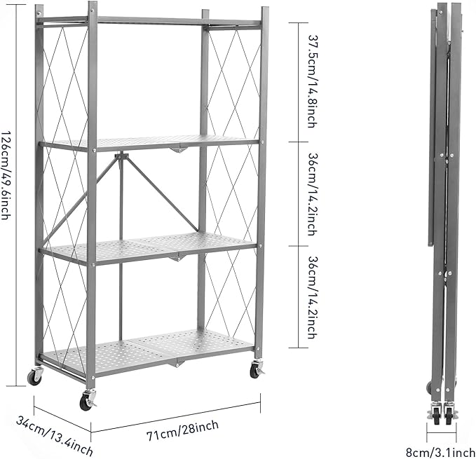 BRIAN & DANY 4-Shelf Foldable Storage Shelves with Wheels, Folding Metal Rack Shelving Unit, Heavy Duty No Assembly Organizer Shelf for Garage, Kitchen, Basement, Pantry, Gray-NeatNest