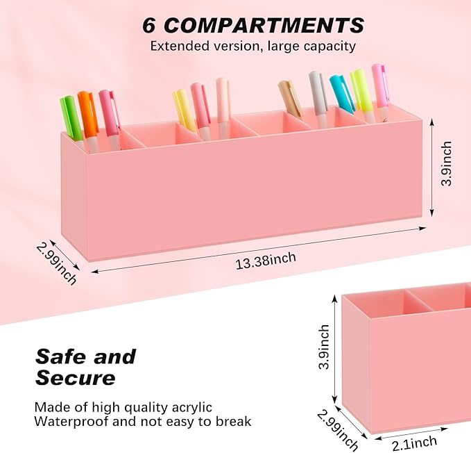 Jetec Acrylic Pen Holder 6 Compartments Makeup Brush Stationery Organizer Pencil Holder for Desk Accessories, Cosmetic Brushes, Dorm, Home, Bathroom, Kitchen, Office Supplies(Pink)-NeatNest