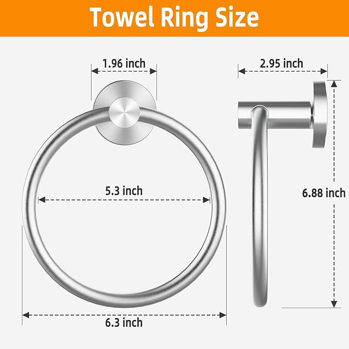 Brushed Silver Towel Ring, SUS304 Stainless Steel Hand Towel Holder for Bathroom Kitchen, Modern Style Towel Hanger, Thicken Ring Towel Holder, Towel Rack Round Wall Mounted (1, Brushed Silver)-NeatNest
