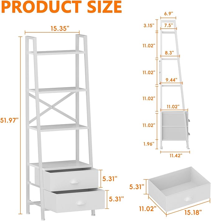 Furologee 4-Tier Ladder Shelf,Small Bookshelf with 2 Drawers,Vertical Bookcase Storage Rack Organizer,Rustic Bookshelves for Living Room,Bedroom,Bathroom,Home Office,Kitchen,White