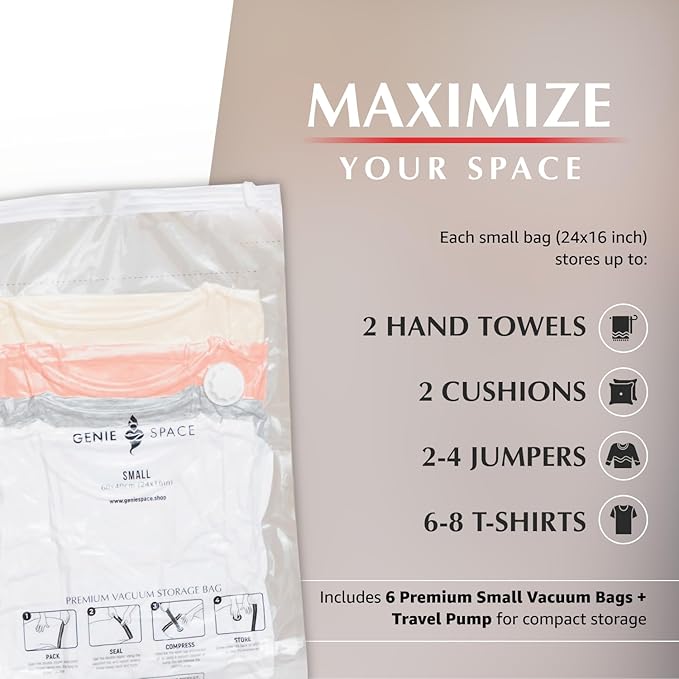 GENIE SPACE Small Vacuum Storage Bags - Pack of 6, 24x16in | Compact Size & Strong Space Saving Bags | Premium Airtight & Reusable Vacuum Bag for T-Shirts, Underwear, Towels & More | inc Travel Pump-NeatNest