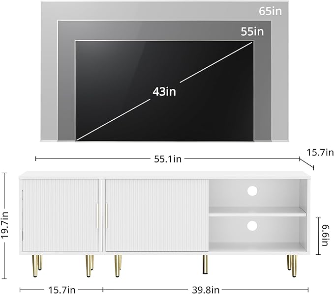Combined Modern TV Stand for 55/60/65 inch TV, Small Entertainment Center with Adjustable Shelf, TV Media Stand with Storage Cabinet, TV Console with Gold Legs for Living Room, Bedroom, White-NeatNest