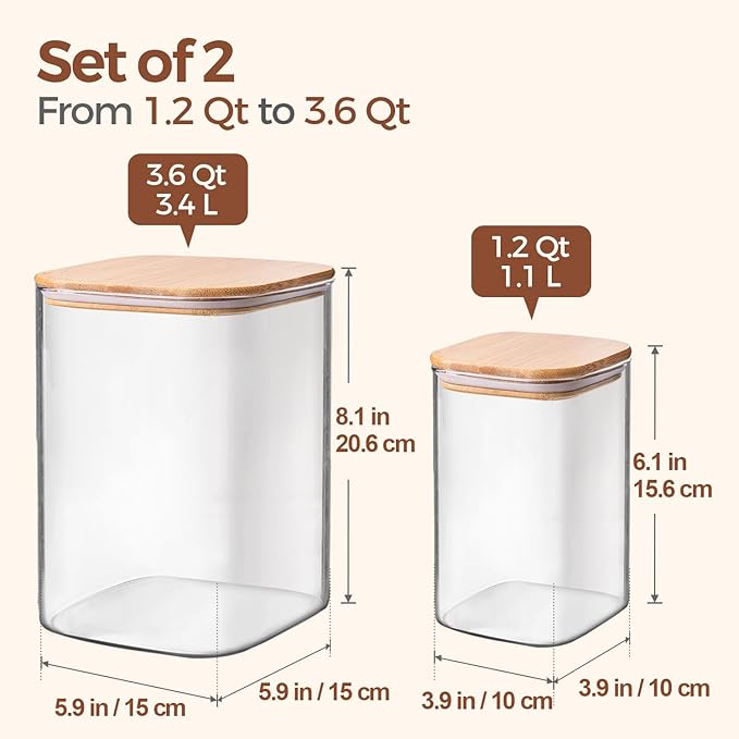 ComSaf Glass Food Storage Containers, 3.6Qt/1.2Qt Glass Flour and Sugar Containers with Airtight Lids, Large Square Jars with Bamboo Lids for Rice, Pasta, Oats, Grains, Cookies, Snacks, Candy-NeatNest
