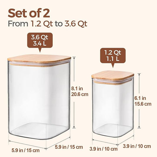 ComSaf Glass Food Storage Containers, 3.6Qt/1.2Qt Glass Flour and Sugar Containers with Airtight Lids, Large Square Jars with Bamboo Lids for Rice, Pasta, Oats, Grains, Cookies, Snacks, Candy-NeatNest