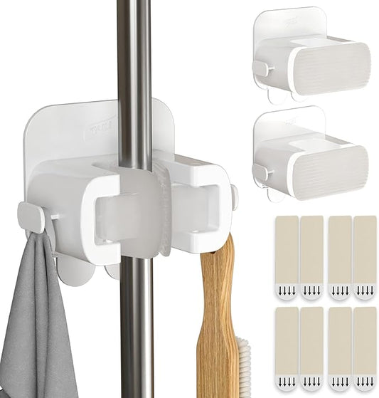 TAILI Mop and Broom Holder Wall Mount Grippers, 3 Hangers and 8 Adhesive Strips, Damage Free Hanging Wall Mount, Household Cleaning Organizer for Organization and Storage, Holds up to 4 lbs, White-NeatNest