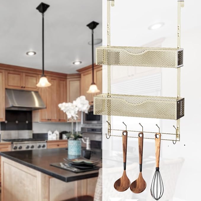 BRENNHOLZ Over The Door Hooks Organizer,Coat Rack with 10 Hooks and 2 Mesh Baskets,Back of Door Storage Organizer for Bathroom,Bedroom,Kitchen,Office(Golden)-NeatNest