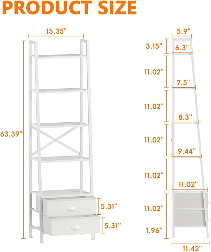Furologee 5-Tier Ladder Shelf with 2 Drawers,Narrow Bookshelf Storage Shelves,Industrial Bookcase Freestanding Rack Units for Bedroom,Living Room,Bathroom,Home Office,Balcony,Wood Metal, White