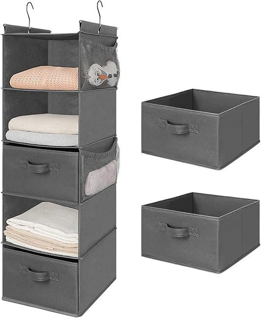 MAX Houser 5 Tier Shelf Hanging Closet Organizer, Cloth Hanging Shelf with 2 Sturdy Hooks for Storage, Foldable (Grey-D2)-NeatNest