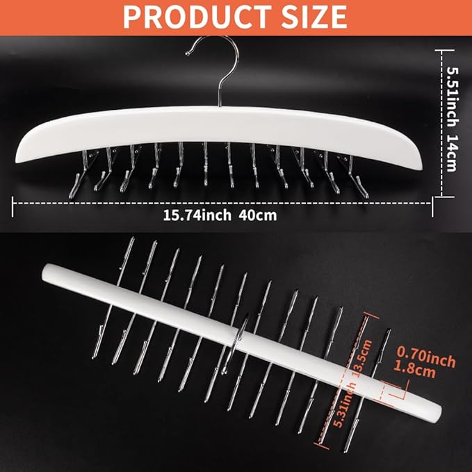 3 Pack Tank Top & Bra Hanger, Tie & Belt Hanger with Natural Wood, 24 Space Saving, 360 Rotating, Foldable Metal Hooks, Closet Organizer and Storage Rack for Tank Tops/Bras/Ties/Belt (White)-NeatNest