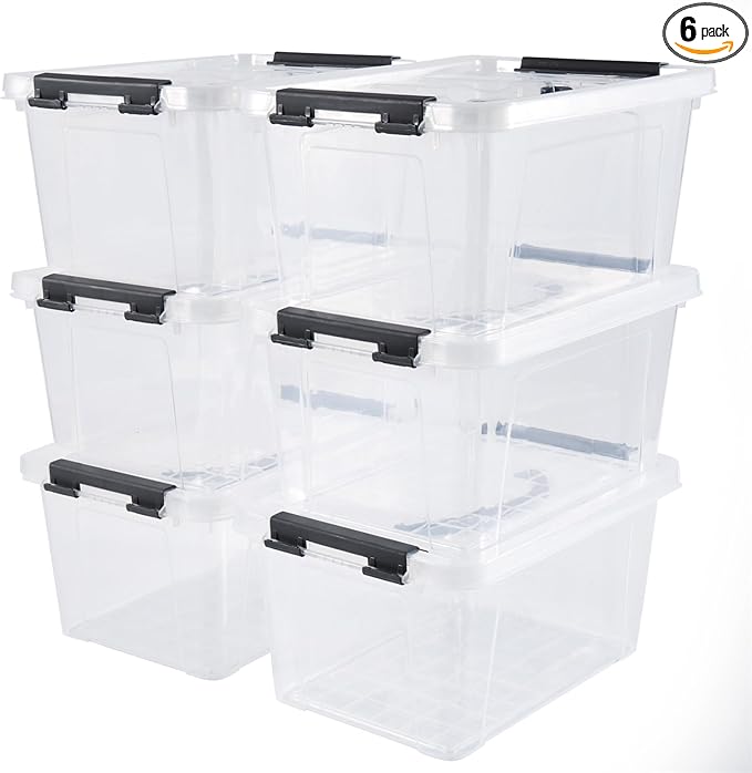 6 Quart Plastic Stackable Storage Latch Bins,Clear Latching Box with Handle and Lid,Pack of 6 (Black Handle)