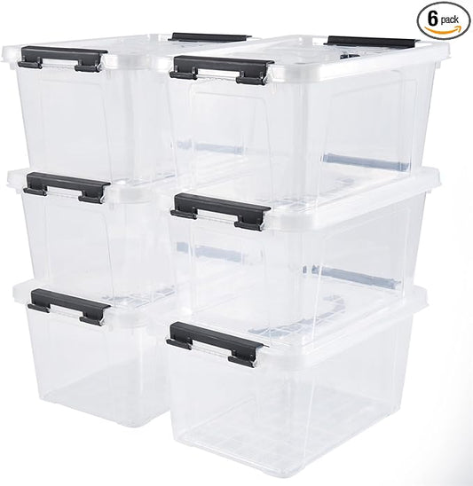 6 Quart Plastic Stackable Storage Latch Bins,Clear Latching Box with Handle and Lid,Pack of 6 (Black Handle)