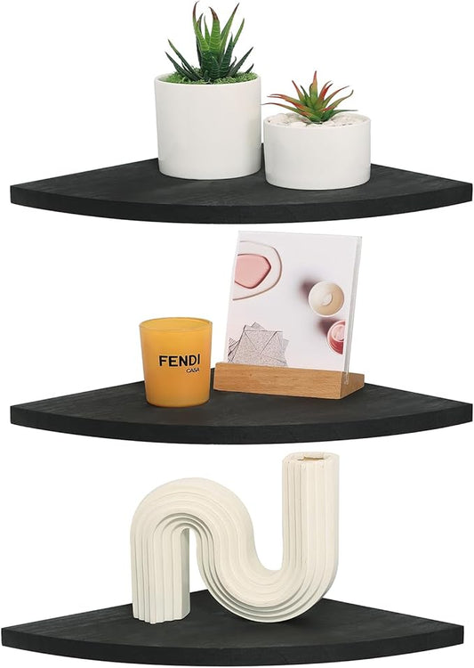 Joiishom Corner Wall Shelf Set of 3, Floating Corner Shelves, Rustic Wood Wall Storage Display Shelves for Living Room Bedroom Bathroom Kitchen (Round Edge-Black)-NeatNest