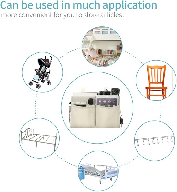 Bunk Bed Organizer, Bedside Caddy Hanging Bed Organizer Storage Bag with 4 Pockets and 2 Hooks, for College Dorm Rooms Bed, Hospital Bed, Baby Bed Rails, 600D Oxford Cloth (Beige)-NeatNest