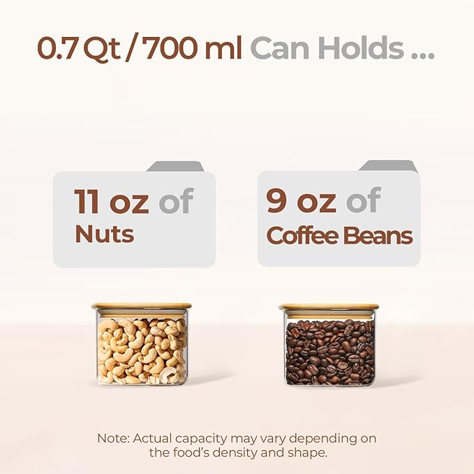 ComSaf 0.7 Qt Rectangle Glass Storage Containers with Lids, Glass Jars with Bamboo Lids, Clear Food Jar, Sugar Coffee Containers, Small Pantry Storage Container for Tea Candy Nuts Spices Oat-NeatNest