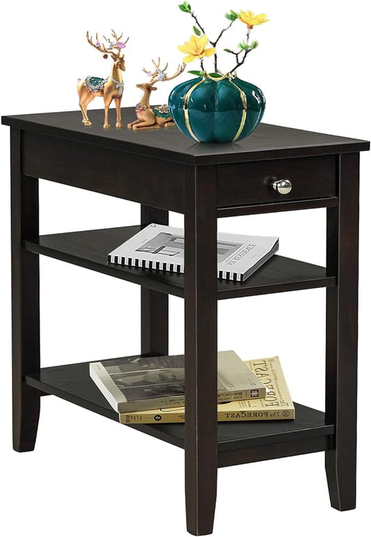 Giantex End Table with Drawer, Narrow Side Table with 2-Tier Open Storage Shelves, Slim Side End Table Compact Nightstand Bedside Table for Living Room Bedroom Small Space, Espresso
