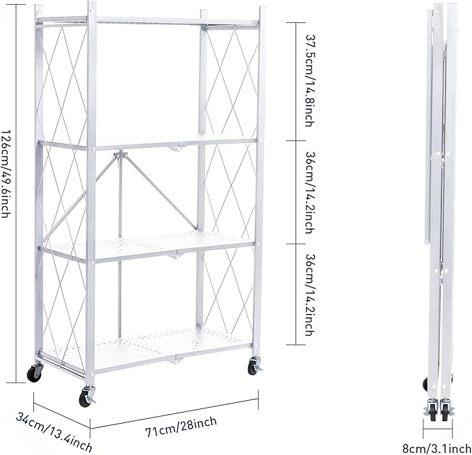 BRIAN & DANY 4-Shelf Foldable Storage Shelves with Wheels, Folding Metal Rack Shelving Unit, Heavy Duty No Assembly Organizer Shelf for Garage, Kitchen, Pantry, White-NeatNest