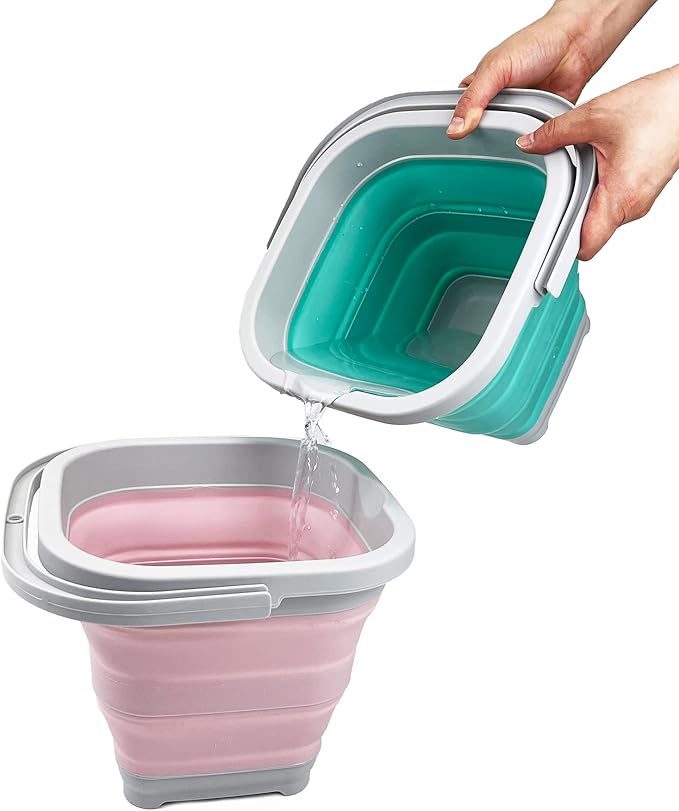 SAMMART Collapsible Rectangular Cleaning Bucket 5L (1.3 Gallon)- Foldable Camping Beach Sand Water Pot Pail- Portable Space Saving Tub for Household, Outdoor Car Washing (Grey/Pale Pink)-NeatNest