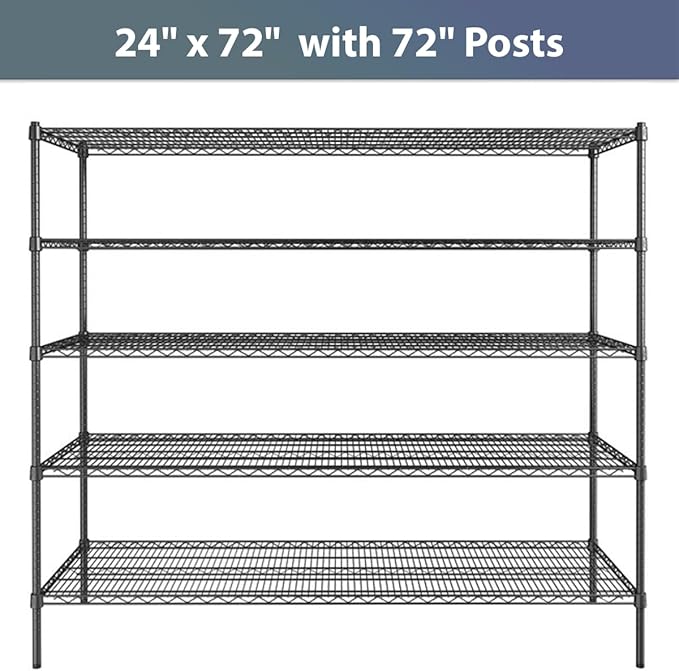 24" x 72" NSF Black Epoxy 5-Shelf Kit with 72" Posts, Commercial Storage Rack Unit, Heavy Duty Storage Shelving, Wire Shelving Kit, Adjustable Rack Strong Steel, Multipurpose Wire Shelf