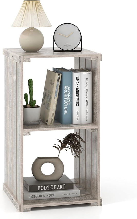 Giantex 2-Cube Bookcase, 3-Tier Paulownia Wood Cubic Organizer w/Open Back, Freestanding Cubby Storage Shelf, Slatted Wooden End Table, Farmhouse Style Bookcase for Living Room, Bedroom