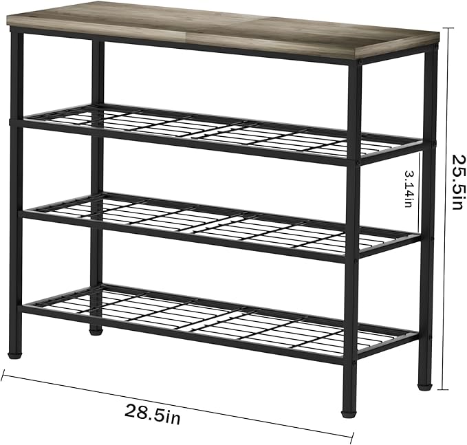 4-Tier Metal Shoe Rack with Wood Top - Durable & Space-Saving Shoe Organizer,Industrial Shoe Organizer Shelf Bench Storagefor Closet Entryway, Bedroom & Hallway - Gray + Black 28.5 W × 25.5" H-NeatNest