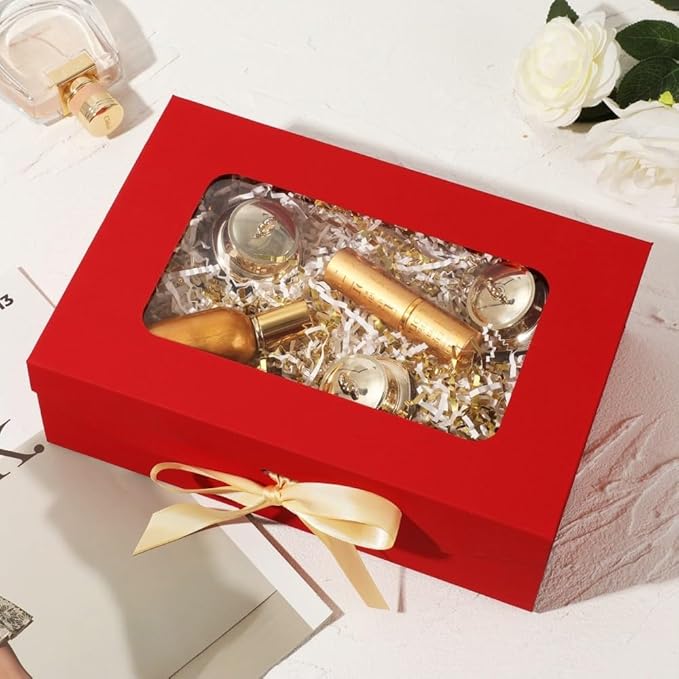 5 Pcs Red Gift Box for Presents with Ribbon 10.8x7.5x3.5 Inches Clear Gift Box with Window Magnetic Closure Gift Boxes with Lids-NeatNest