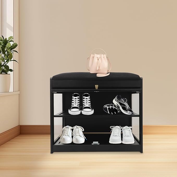 Eapmic Shoe Storage Bench, Entryway Shoe Rack Bench with Padded Seat Cushion, 2-Tier Shoe Cabinet, Bamboo Shoe Organizer for Hallway Bedroom Living Room Front Door (Black, 19.69 * 12.6 * 17.32in)