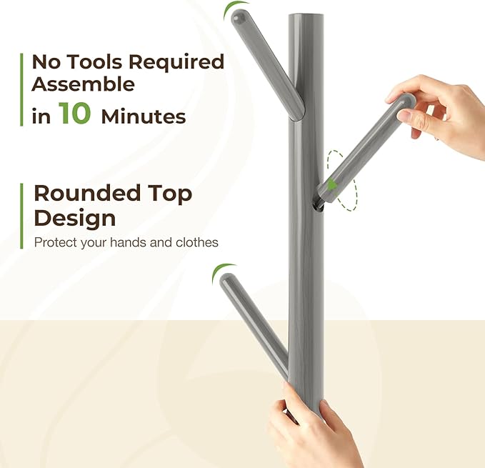 GREENSTELL Coat Rack with 8 Hooks, Wooden Coat Rack Freestanding with Shelf, Coat Tree with 4 Height Options 50.5"-72.6", Coat Hanger Stand for Bags, Clothes, Umbrellas, Hats, in Home, Gray-NeatNest