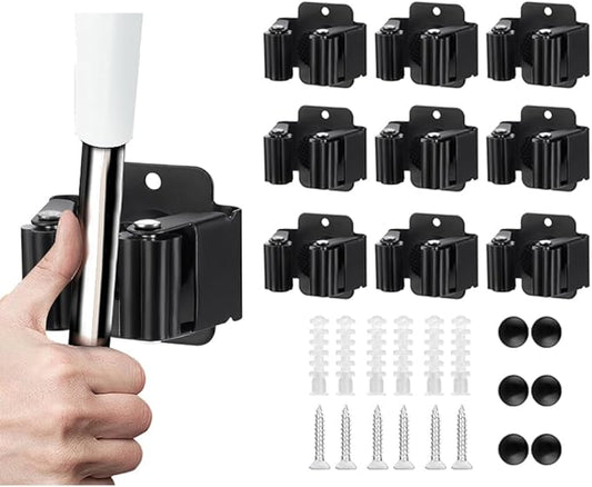 9PCS Broom and Mop Holder, Heavy Duty Garden Tool Organizer Rack Rake and Shovel Handle, Stainless Steel Mop Hanger. Screws for Wall Mounted. Matte Black-NeatNest