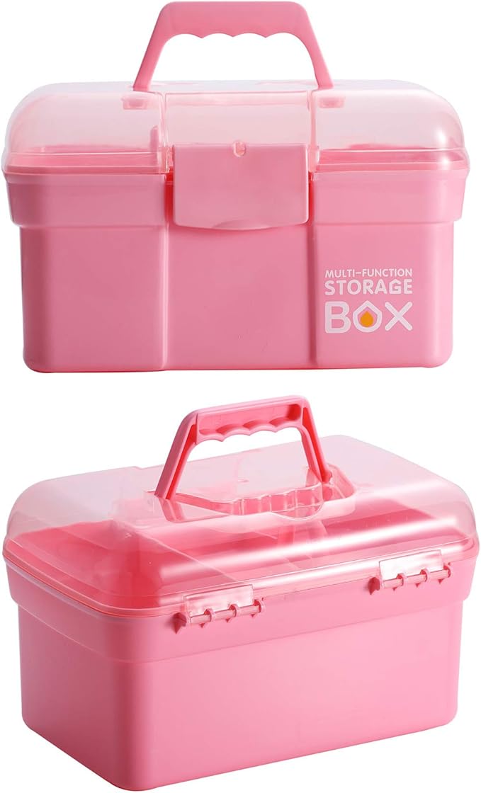 11'' Plastic Storage Box with Removable Tray, Multipurpose Organizer and Storage Case for Art Craft and Cosmetic (Pink)