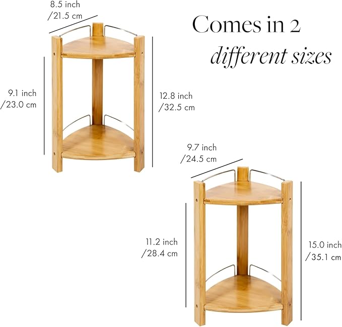 GOBAM Bamboo Shower Corner Caddy, Medium - 2 Tier Standing Shower Stand for Shampoo, Conditioner, Lotion, Soap - Caddy Organizer for Kitchen, Bedroom, or Office