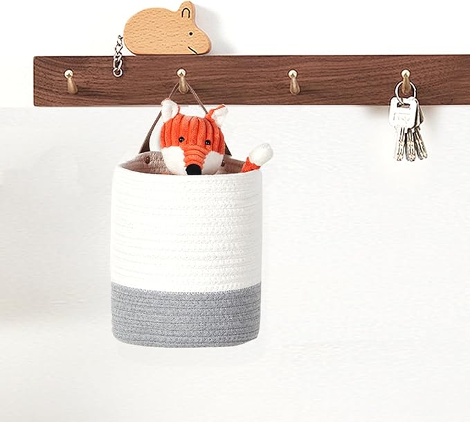 DULLEMELO Small Woven Rope Hanging Baskets - 2 Pack for Boho Wall Decor, 7 X 8 Inches Storage Basket with Handle, White&Grey-NeatNest