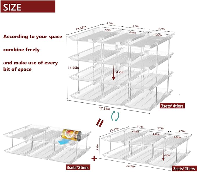 Can Organizer for Pantry, 3 Sets 4 Tiers Can Storage Organizer Pantry,Soda Can Organizer for Fridge 48 Cans Rack Automatic Rolling Stackable Canned Food Organizer,Clear-NeatNest