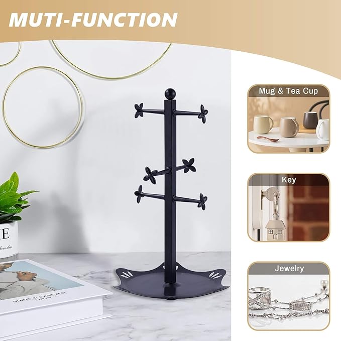 Coffee Mug Holder for Countertop, Cup Holder with 6 Hooks, Mug Stand for Counter, Coffee Bar Accessory, Mug Tree Station Organizer, Black-NeatNest