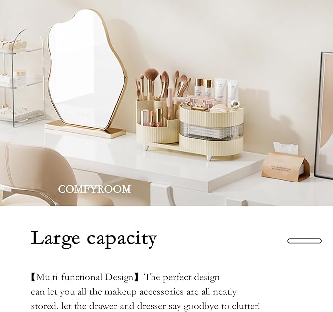 Ivory Rotating Vanity Organizer with Drawer & Brush Holder - 3 Layer Cosmetic Skincare & Perfume Storage - Countertop Makeup Display Case