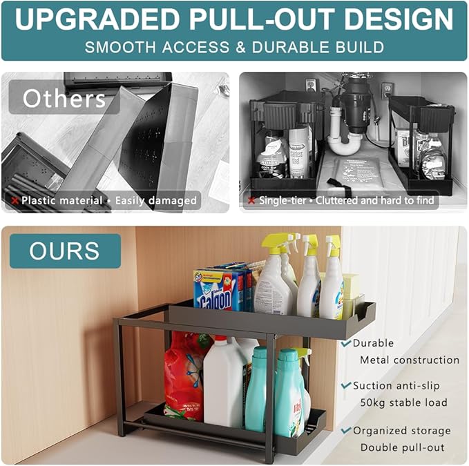 2 Packs Under Sink Organizers, 2 Tier Bathroom Organizers and Storage, Pull Out Cabinet Organizer Shelf, Metal Sliding Drawer for Kitchen Pantry Cabinet Closet Organization Rack (Black, 2 Pack)